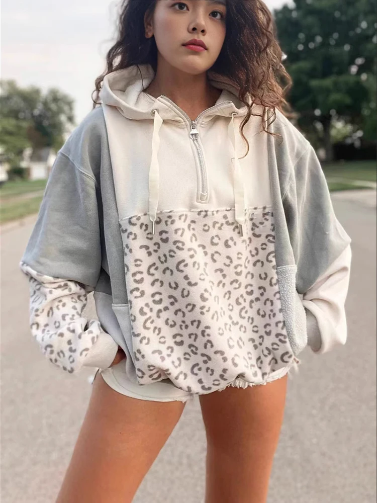 

Свободный повседневный топ с капюшоном и половиной молнии, женский осенне-зимний новый товар, утолщенный пуловер с леопардовым принтом