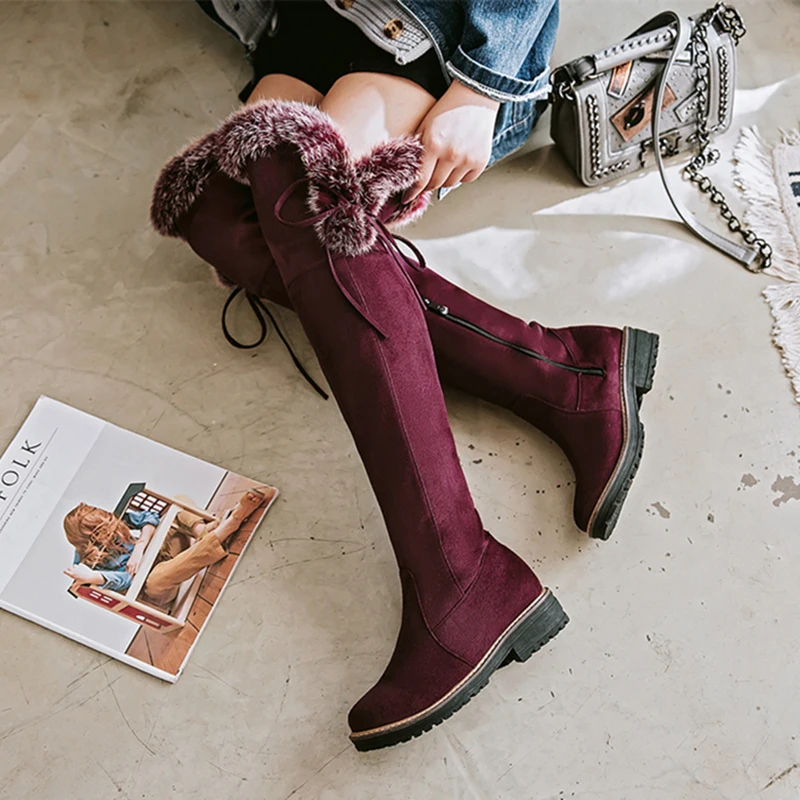 2024 Genuine Rabbit Hair Lace Up Winter Warm Long Women\'s Boots PU Or Frosted Flock Thick Heel Autumn Winter Over Knee Boots