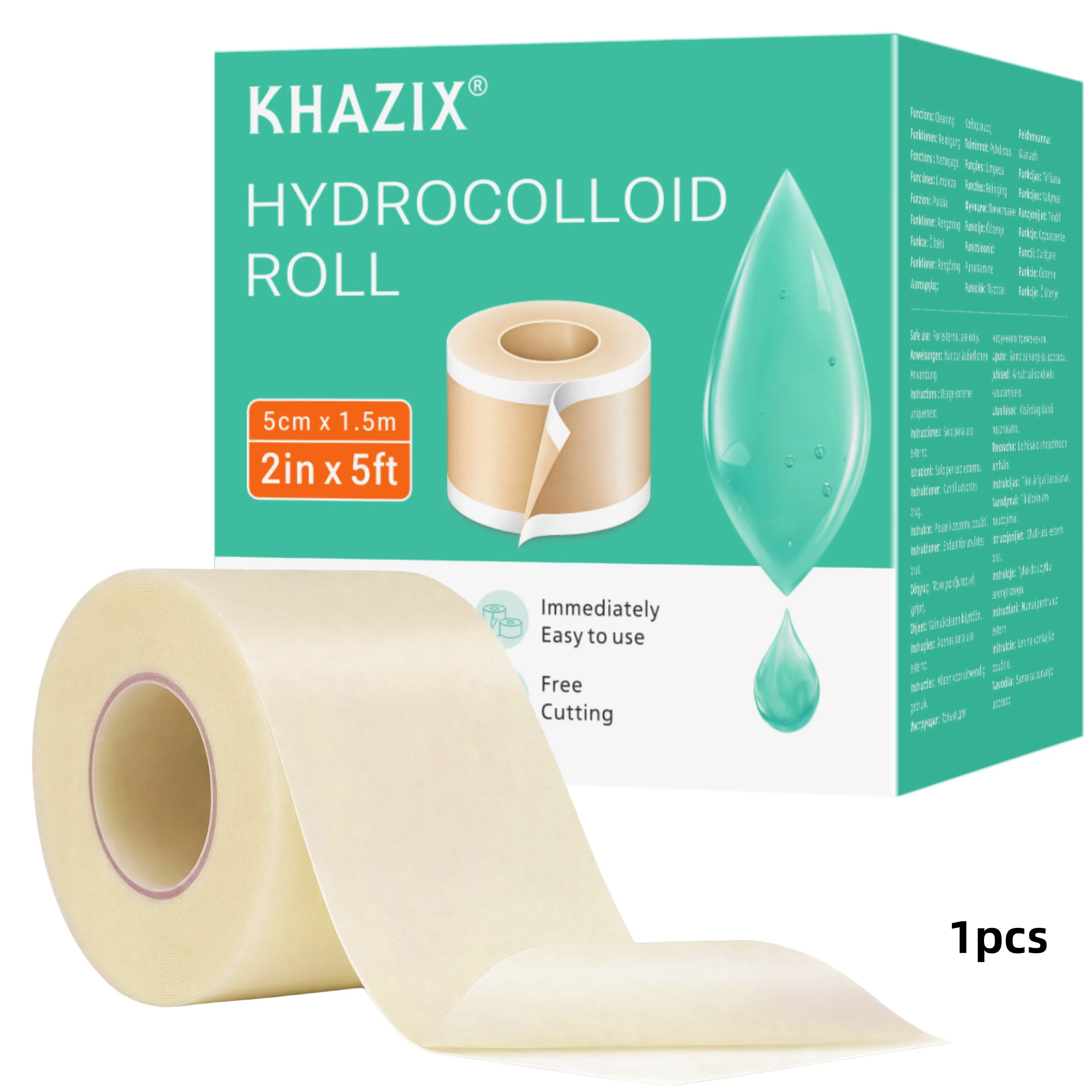 KHAZIX Hydrokolloid-Verbandrolle 2 Zoll x 5 Fuß, zuschneidbarer Wundverband, atmungsaktive Hautabdeckung