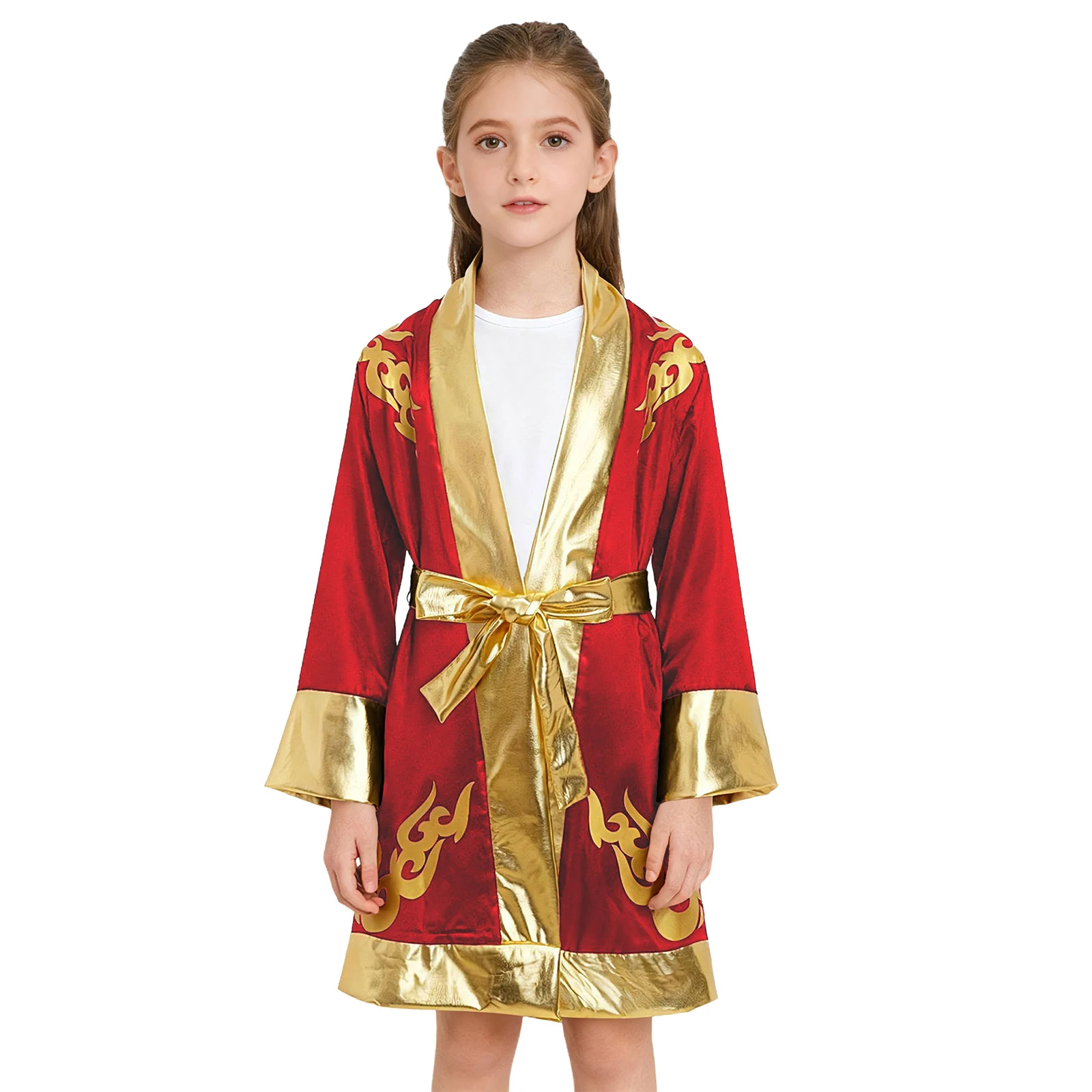 

#6-16 Boxing Wrestling Training Competition Costume Long Sleeve Open Front Metallic Color Block Satin Boxer Robe with Belt