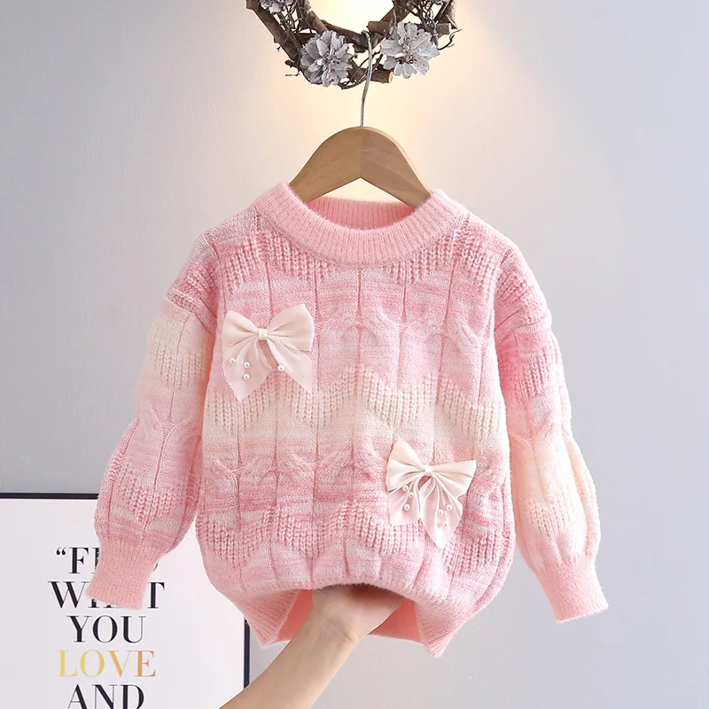INS Lace Butterfly-knot Girls Knitwear Stylish Autumn Winter Thickened New Style Student Princess Gradient Color Sweater IY12291