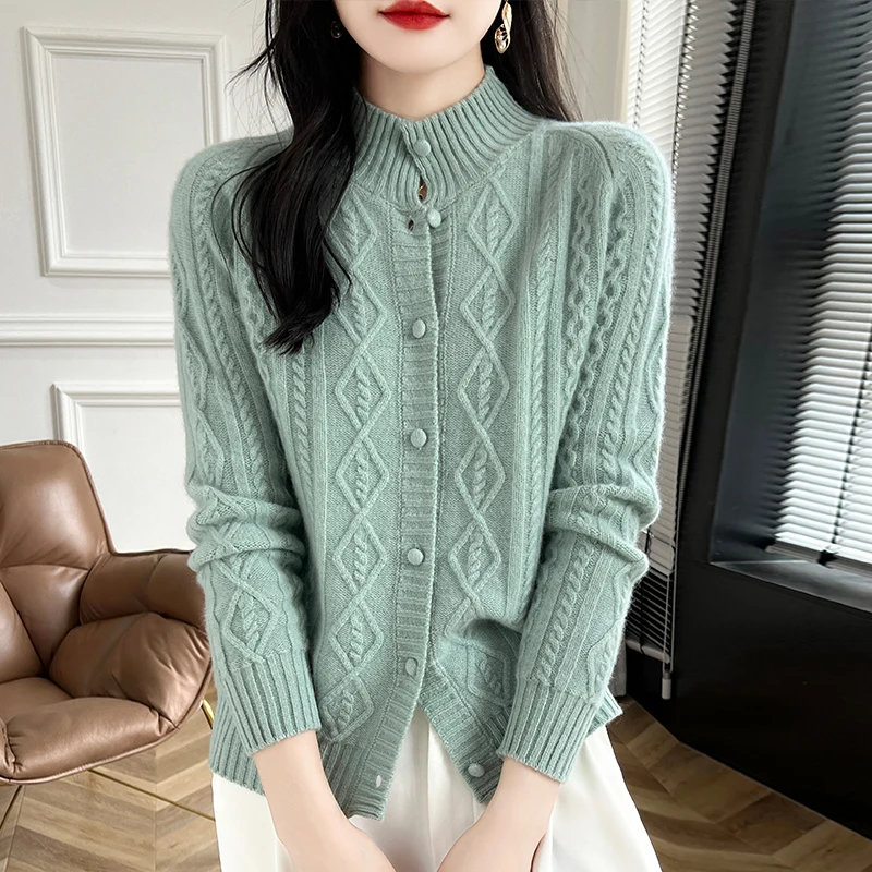 Autumn and Winter New Stand up Cashmere Cardigan Women\'s 100% Pure Wool Loose Fashion Sweater Casual Knitted Long Sleeve Top