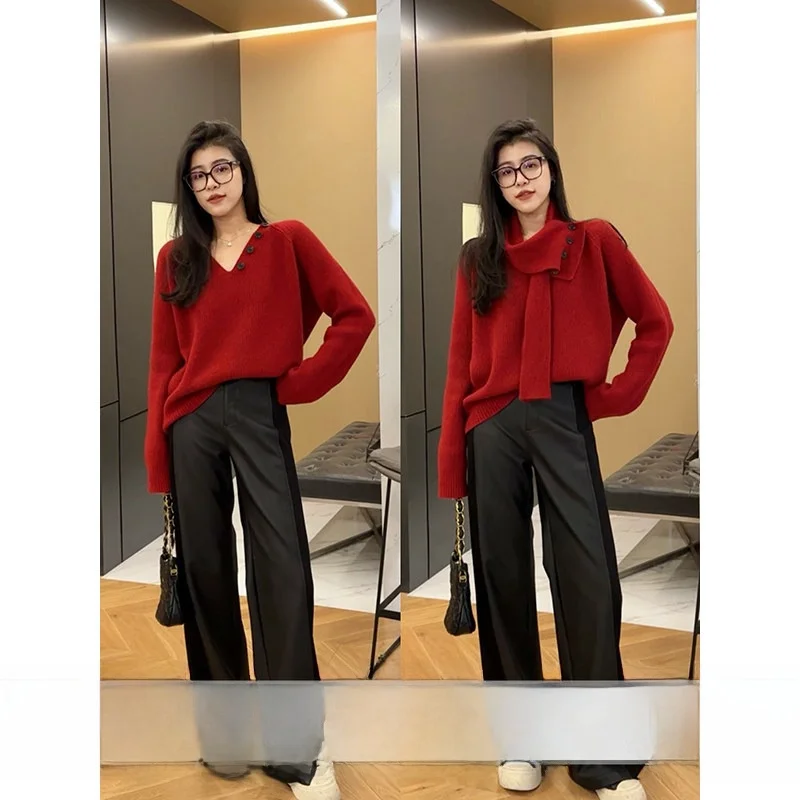 

Съемный шарф, мягкий свитер, брюки прямого кроя, праздничный новогодний комплект для женщин, повседневная модная одежда, зимняя коллекция