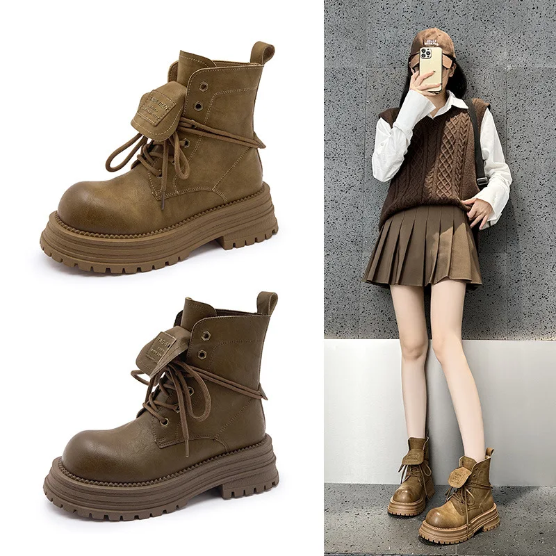 

Женские ботинки в ретро-британском стиле, новинка 2024 года, студенческие короткие ботинки, вестерн-ботинки, винтажные ботинки из состаренной кожи до середины икры