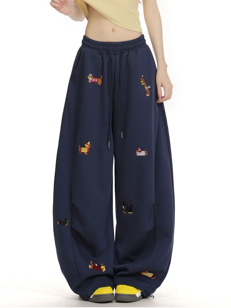Bordado dos desenhos animados y2k sweatpants feminino vintage americano cintura alta perna larga calça streetwear solto casual bf primavera novo