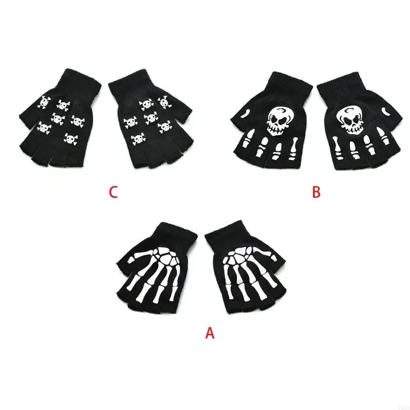 D5QB Unisex Adult Halloween Skeleton Skull Half Finger Gloves Luminous Winter Mittens