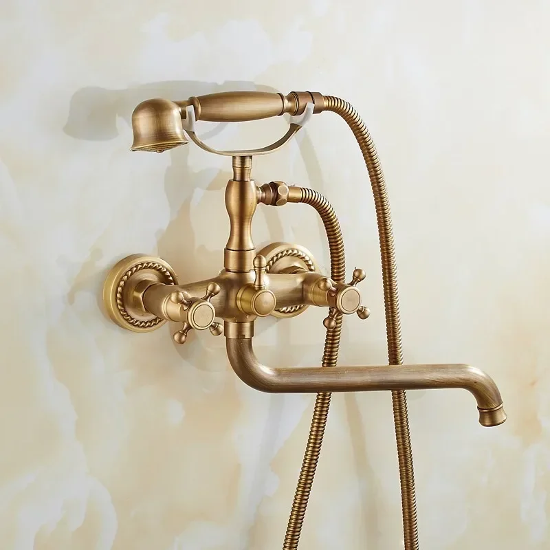 

Античный латунный Смеситель для ванны, двойная ручка, поворотный излив водопада, фотобронзовый Набор для ванны