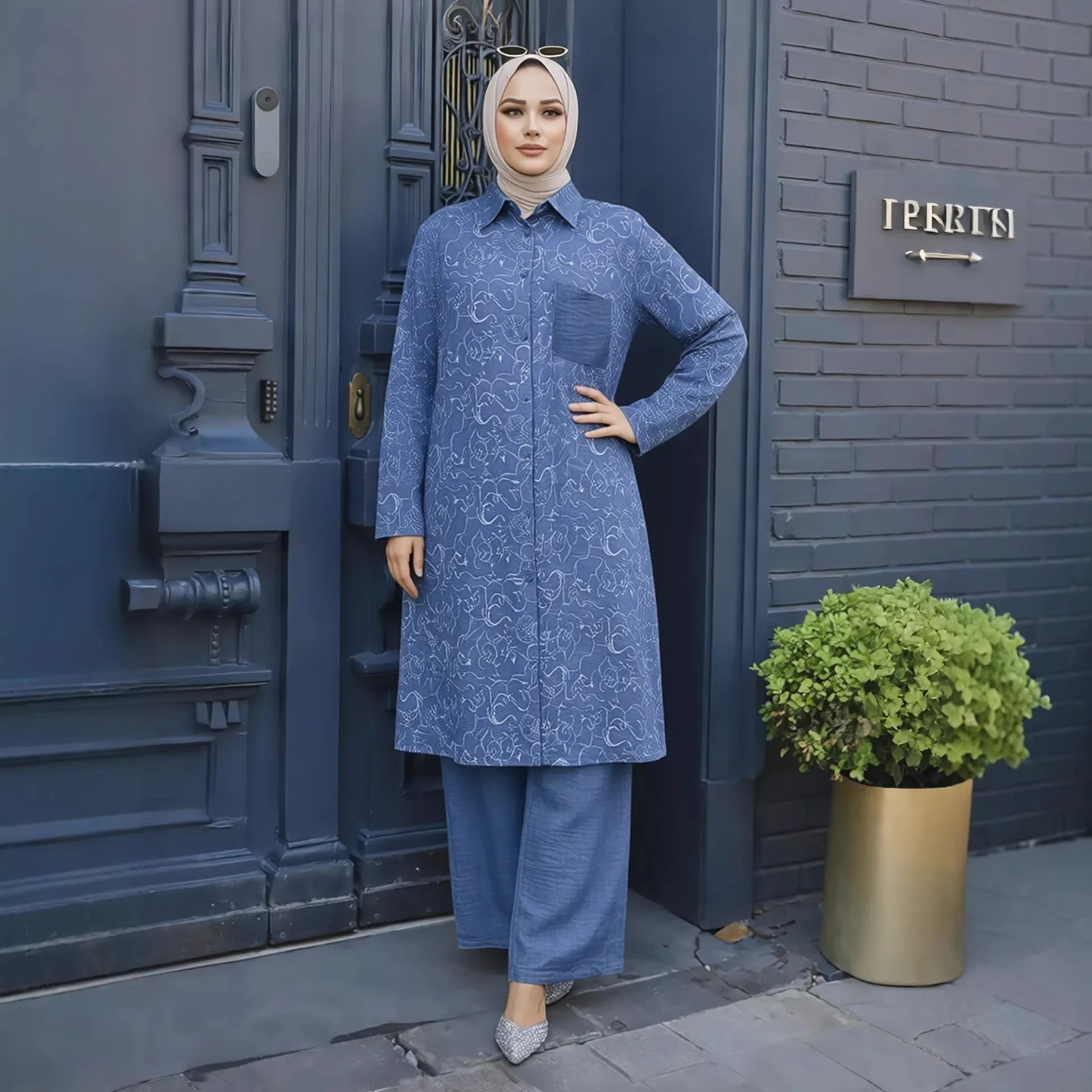 

Muslim Women Printed Matching Sets Long Sleeve Solid Color Tops Loose Pant Suits Elegant Fashion Casual Tracksuit Kaftan Outfits