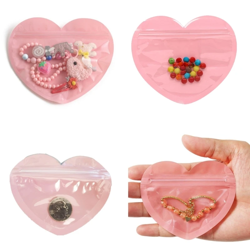 100pc Transparent Plastic Jewelry Bag Heart Shaped Zipper Bag Gift Packaging Bag