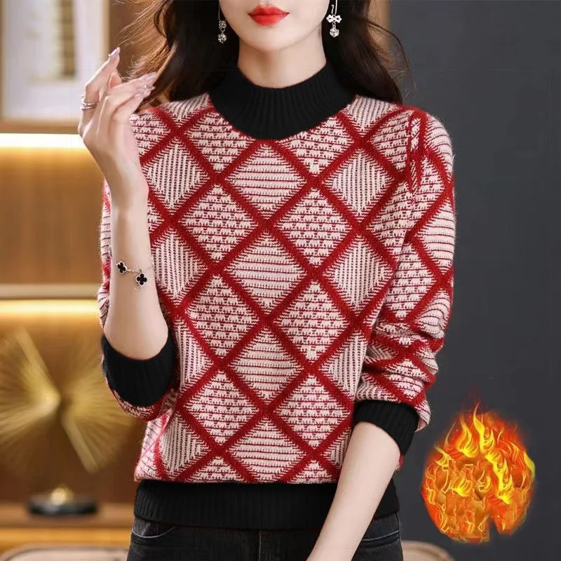 Autumn and Winter Women's Pullover Half High Collar Patchwork Geometric Loose Bottom Fashion Casual Elegant Long Sleeve Tops
