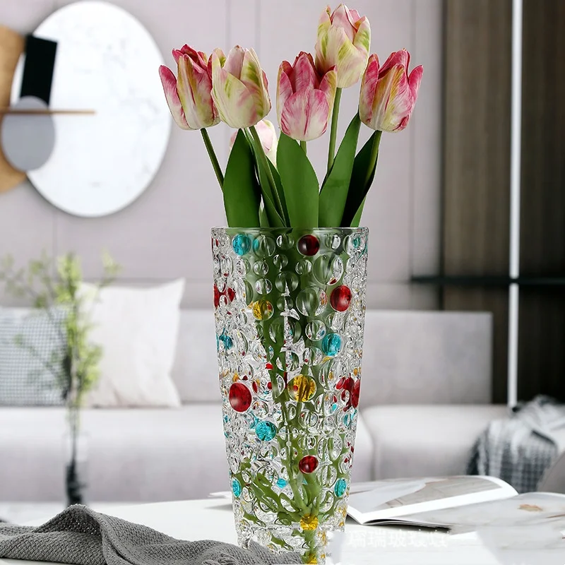 Glass Vase Round Colored Polka Dot Pattern Flower Vase Colored Glass Bottle Terrarium Home Decoration Accessories