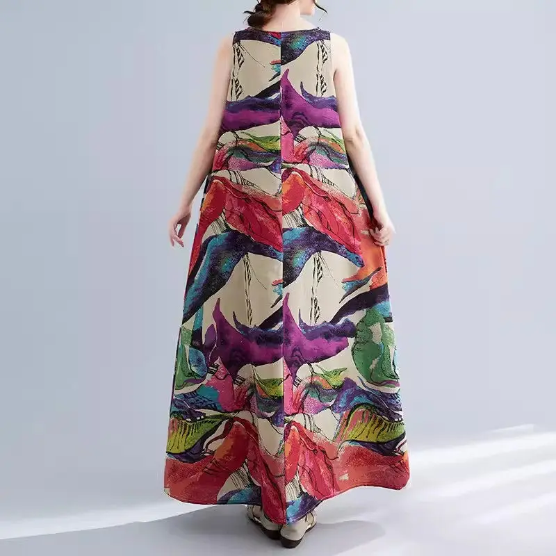 Summer New Retro Floral Linen A-Line Long Dress Women's Large Size Sleeveless Round Neck Mid Length Cotton Linen Dress