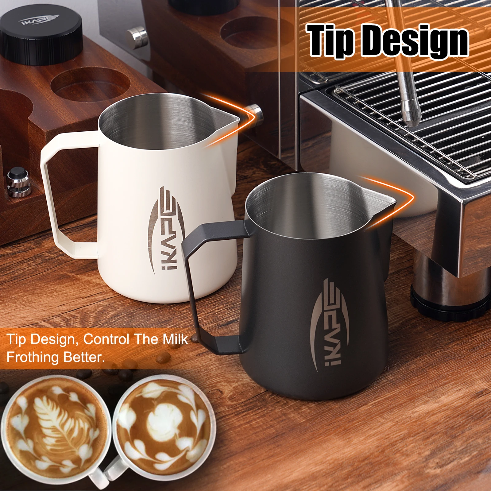 IKAPE Milk Frothing Pitcher, Stainless Steel Milk Steaming Pitcherss, Cappuccino Latte Art Barista Steam Pitchers (Black)