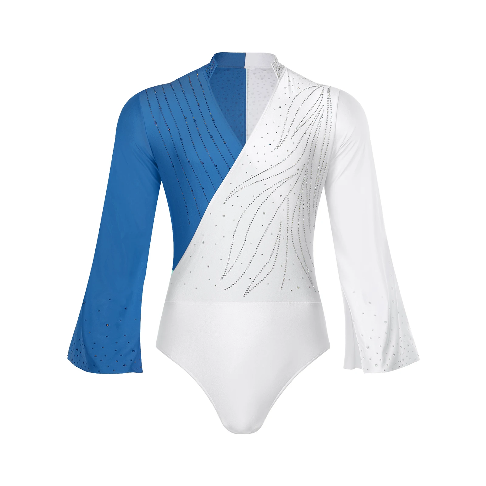 Men Figure Skating Dance Performance Bodysuit Outfit Costume V-neck Flare Sleeve Shiny Rhinestone Jumpsuit for Sport Dance Stage