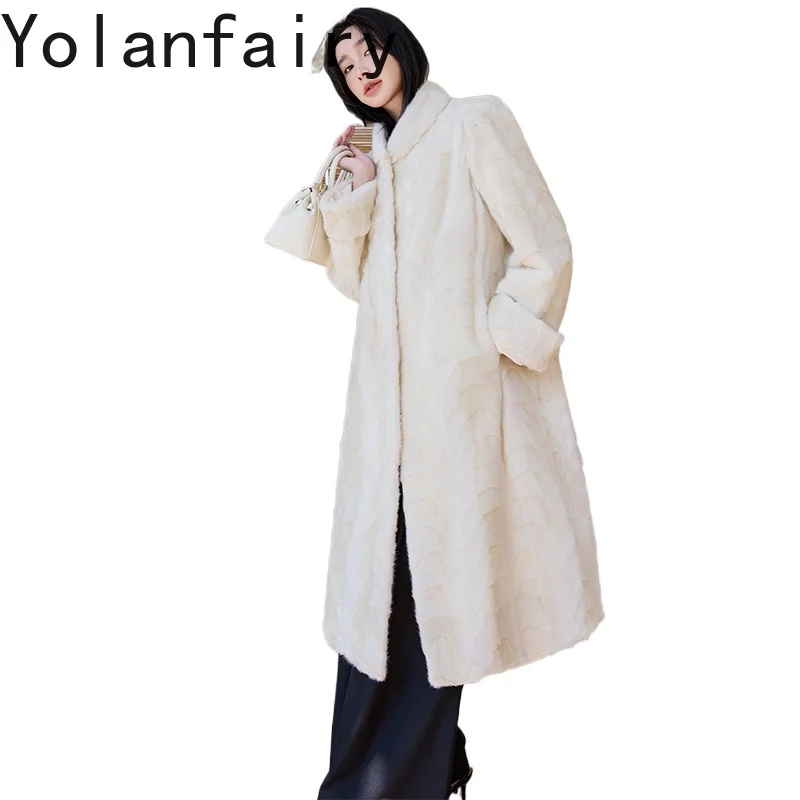 Yolanfairy casaco de pele real de vison de alta qualidade mulher inverno 25 elegante gola longa casacos de pele de vison feminino jaqueta de pele outerwears