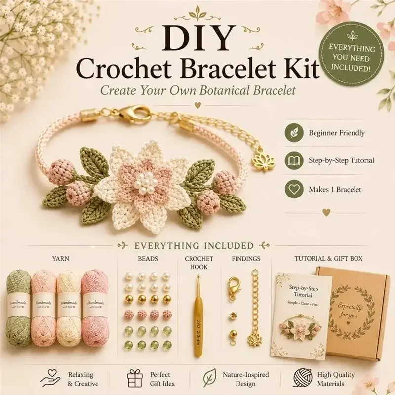DIY Crochet Bracelet Making Kit Maple Leaf Style Hand Knit Cord Craft Material Pack Handmade Gift for Adult Craft Lovers