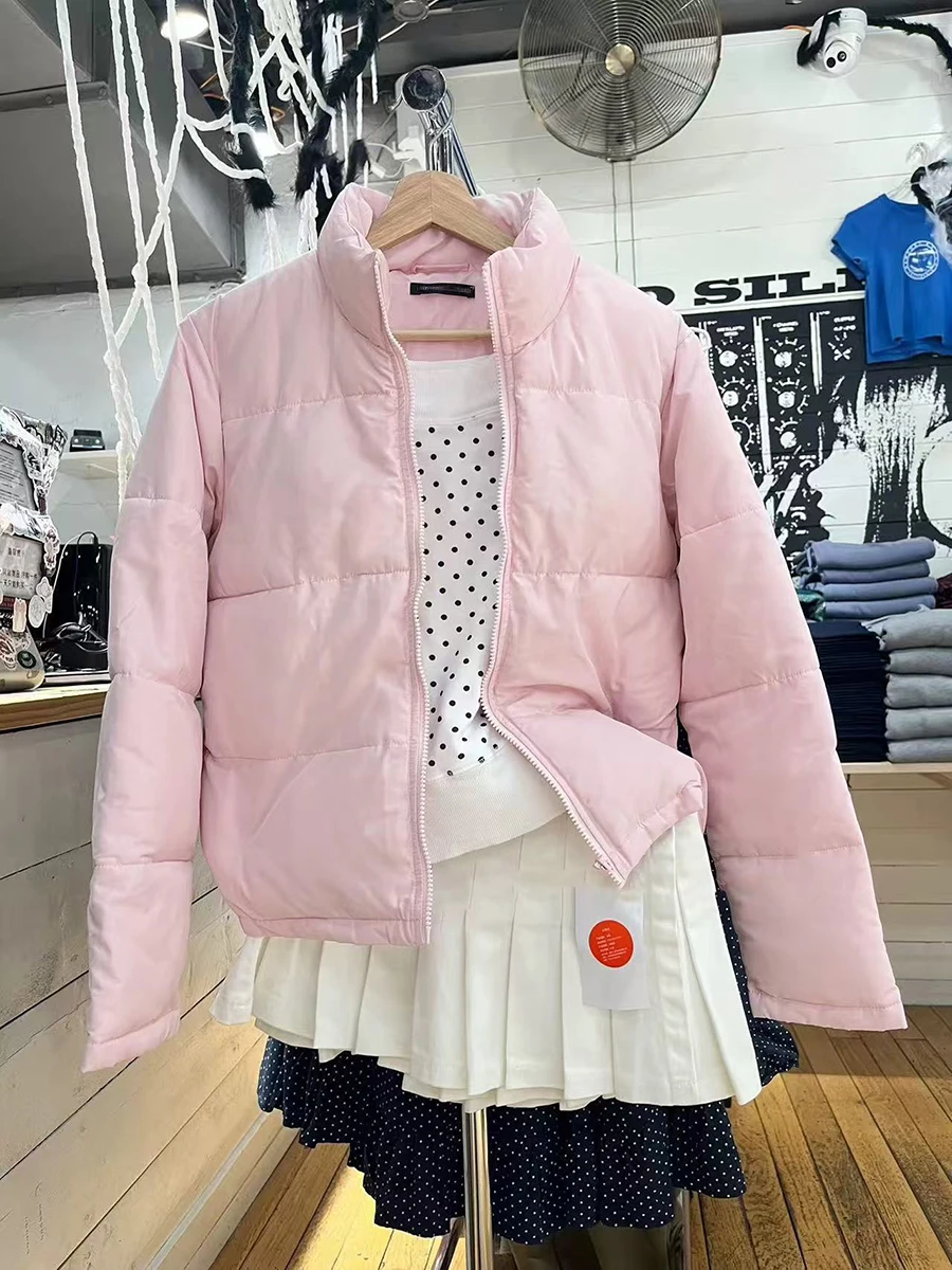 Sweet Pink Cotton Jacket Woman Winter Long Sleeve Stand Collar Zipper Jackets Coat Vintage Preppy Style Solid Warm Outerwear﻿