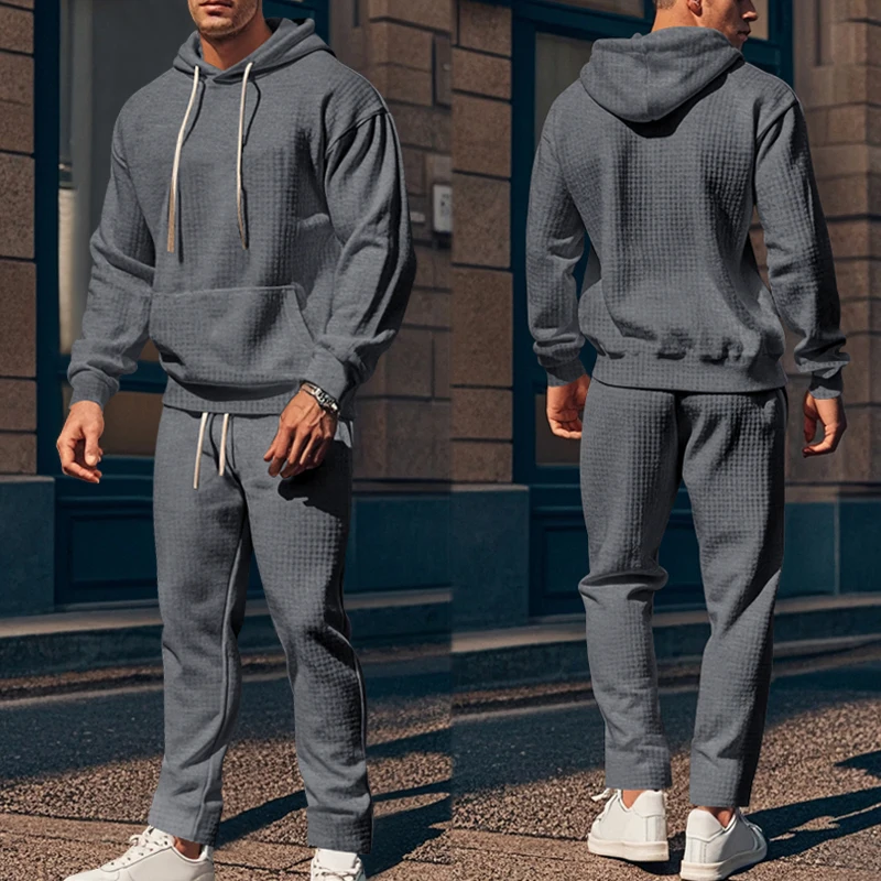 2 pieces men's casual sportswear small checkered hooded sweatshirt drawstring slim pants autumn and winter new daily commute