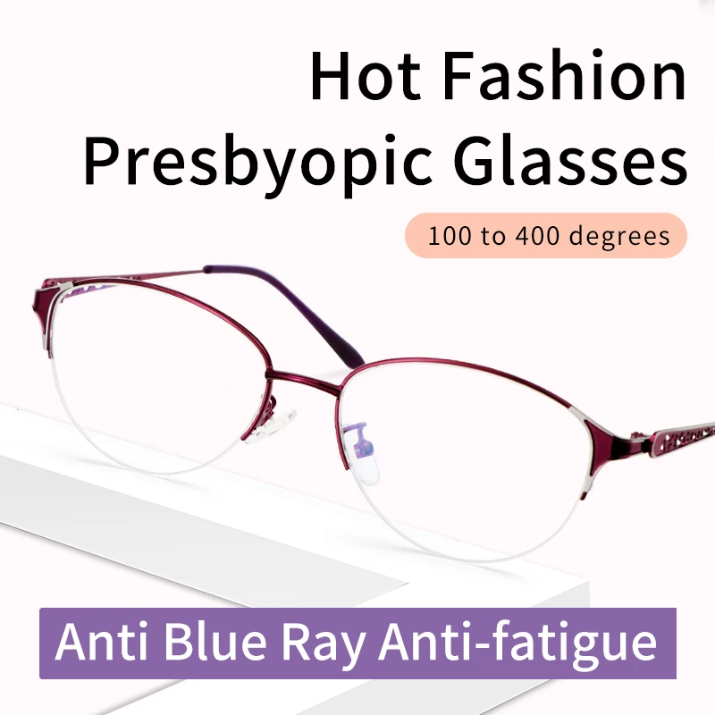 

Anti Blue Ray Anti-Fatigue Reading Glasses for Women,Blue Light Blocking Resin Lens Presbyopia Glasses,Half Frame Readers