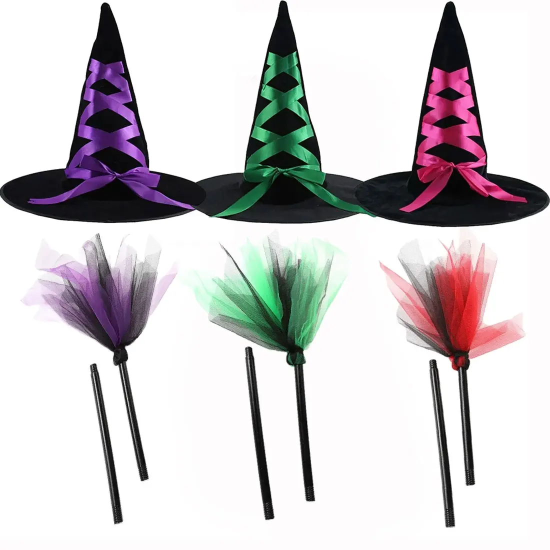 2024 Halloween Carnival Cosplay Witch Fancy Tricolor Costume Children Infant Adult Child Dress Witch Accessories Hat Broom Set