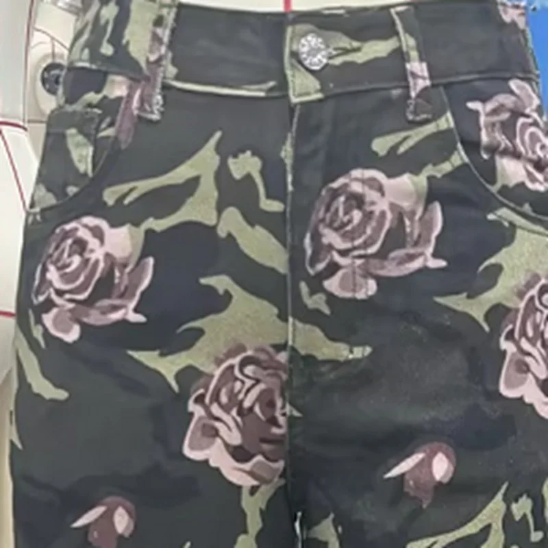 Women's Camo Rose Jeans High Rise Barrel Leg Denim Pants with Pockets Casual Long Trousers for Outdoor Office
