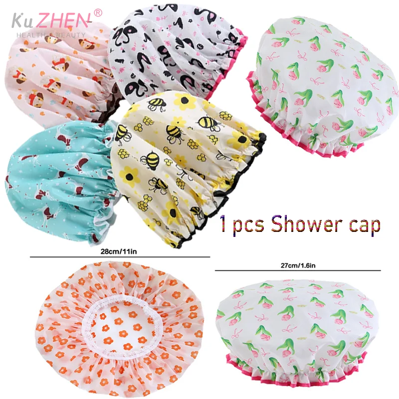 

Flower Pattern Double Layer Shower Cap Waterproof Reusable Printed Bath Hair Bonnet For Women Ladies Spa Salon Home Travel Use