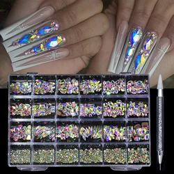 24 Grid Diamond Jewelry Set for Nail Art Decorations Nail Ab Flat Bottom Drill Nail Art Luxe Nail Shaped Diamond Illusion Color