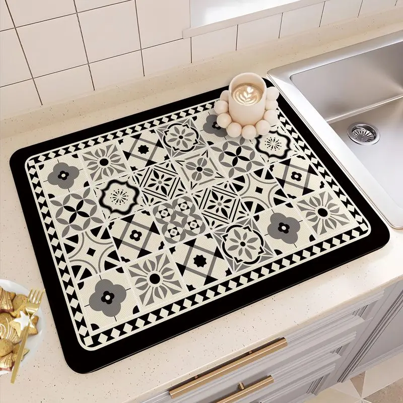 French Vintage Bowl Plate Drainer Mat Kitchen Countertop Absorbent Heat-Resistant Non-Slip Table Top Home Decor Rustic Mat
