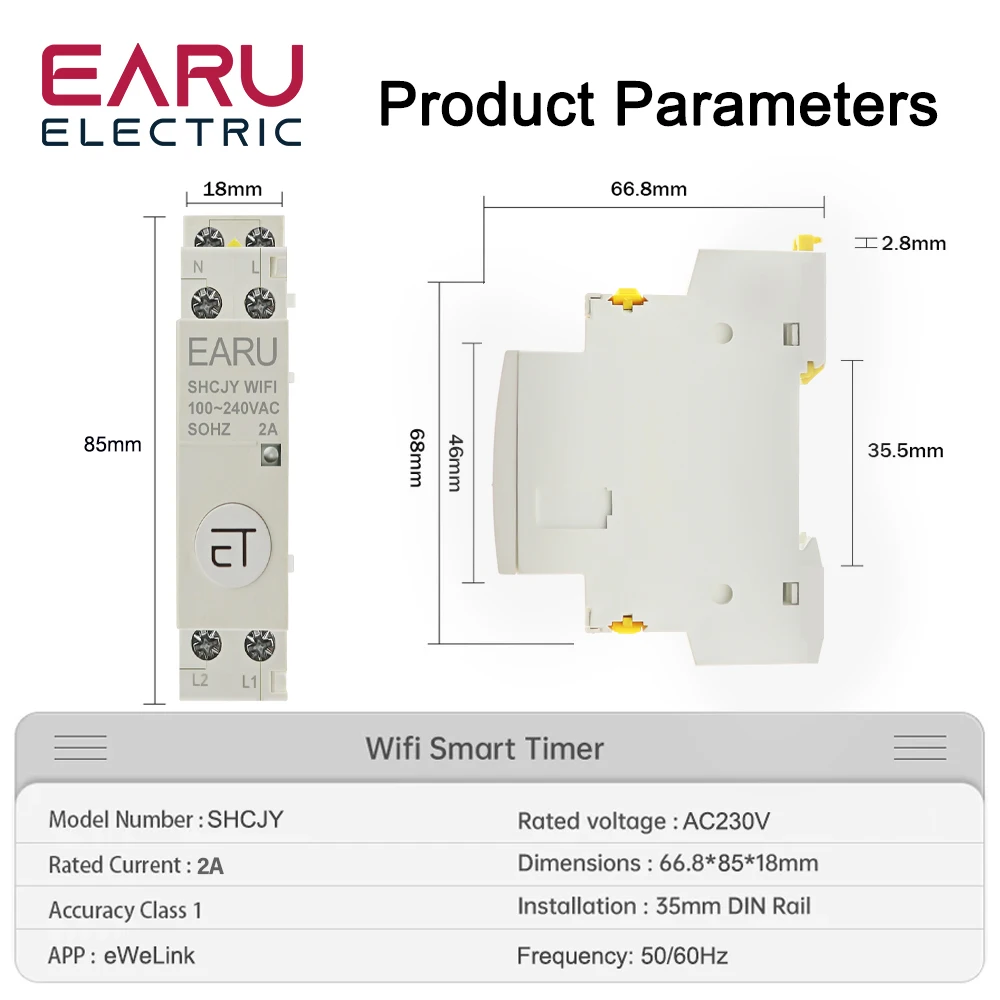 AC 100-240V 2A Din Rail WiFi Stycznik pomocniczy Kontroler Timer Współpracuje z stycznikiem modułowym eWeLink APP Alexa Google Assistant