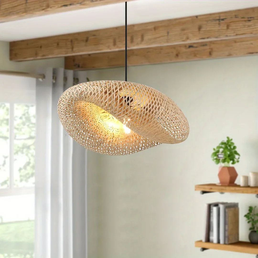 19.75 Inch (50cm) Rustic Handcrafted E26/E27 Lighting Fixture Bohemian Woven Bamboo Pendant Light Dining Room Bedroom Restaurant