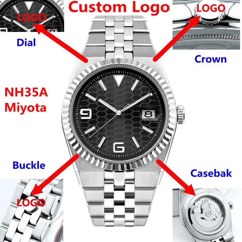 شعار مخصص 40 مللي متر ساعات رجالي فاخرة NH35/MIYOTA ساعة أوتوماتيكية للرجال ساعة اليد الميكانيكية الياقوت الكريستال مقاوم للماء reloj