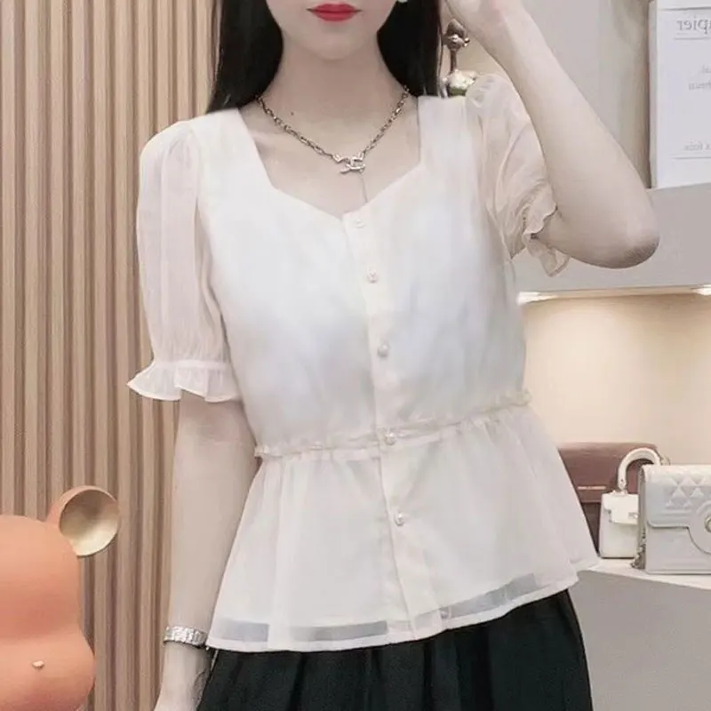 Casual Square Collar Blouse Chic Pearl Single-breasted Sweet Female Clothing Solid Color All-match Summer Spliced Chiffon Shirt