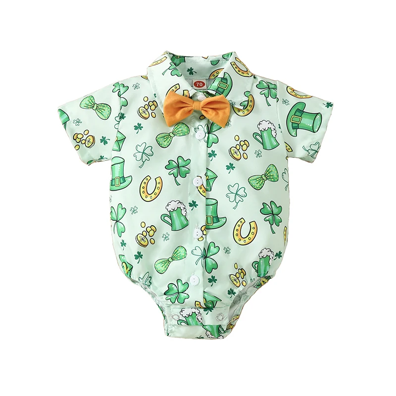 

Tregren 3-18M Infant Baby Boy Irish Festivals Bodysuits Shamrock&Hat Print Turn Down Collar Short Sleeve Button Down Rompers