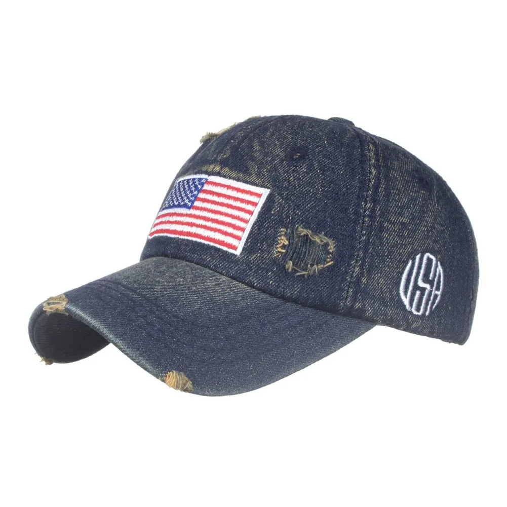 Women Men Washed Denim Baseball Cap American Flag Independence Day UV Protection Sports Hat