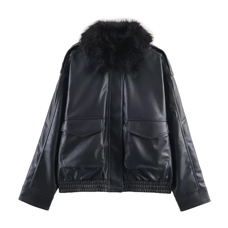 Detachable Fake Fur Effect Jaet Women's Faion Autumn New Arrival 2025 Long Sve Zipper Closure ort Outerwear