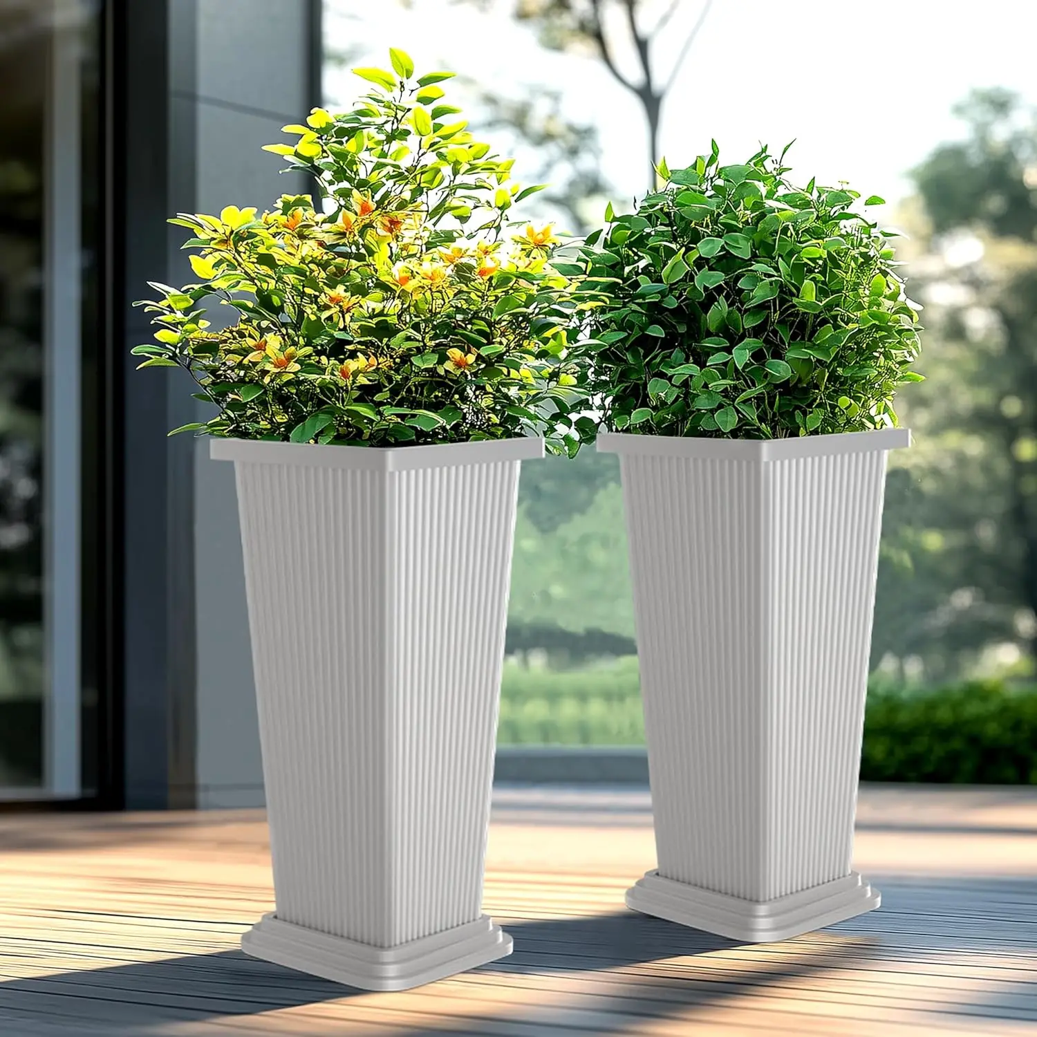 

Set of 2 24 Inch Tall Planters, Stripes White Large Outdoor Plant Pots with Drainage Hole for Front Porch Decor