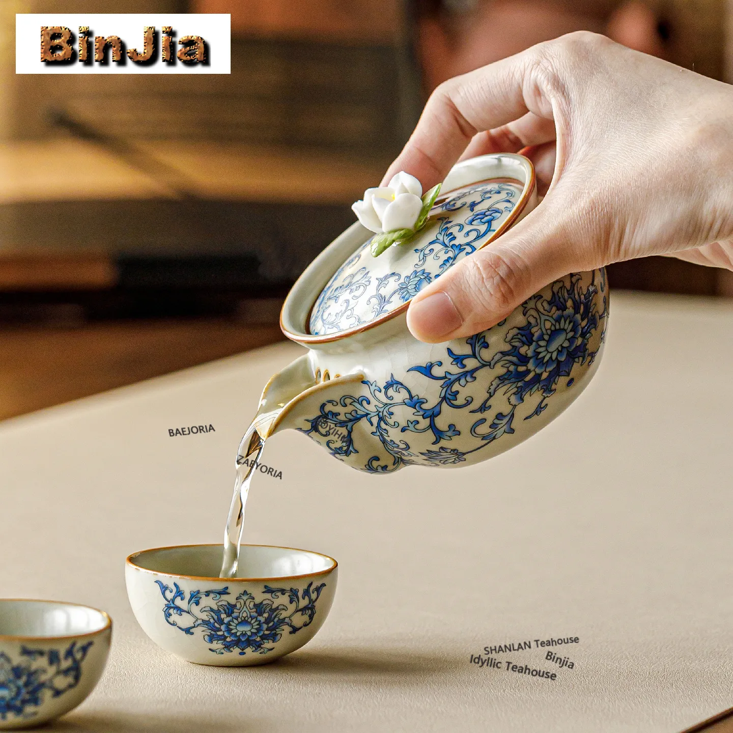 Beige Ru Kiln Interlock Branch Lotus Travel Tea Set Kit Aesthetic 1 Pot 3 Cups Tea Brewing Organizer Portable Picnic Stock Bags