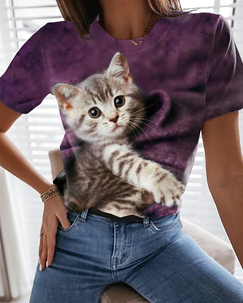 Fashionable Women's T-Shirt 3D Cute Cat Print Harajuku T-Shirt Short Sleeved Casual Kawaii Girls' T-Shirt Oversized Unisex Cloth