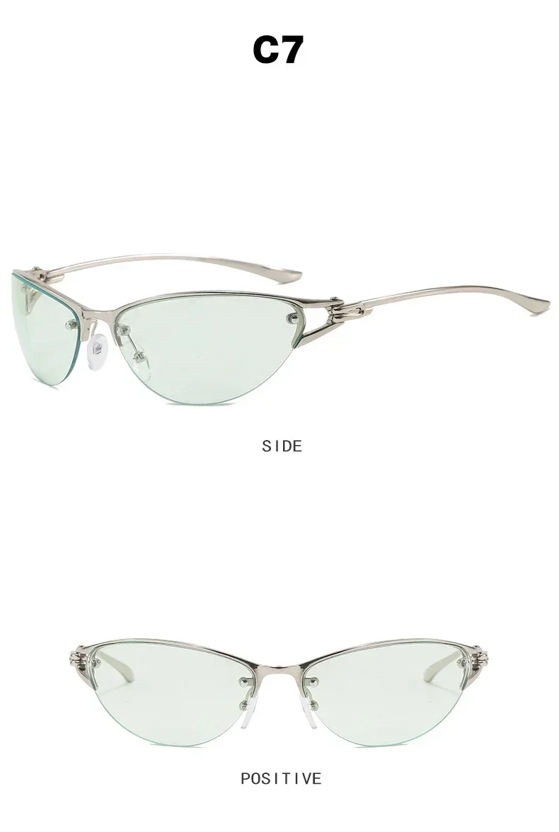 Neue silberne Y2K Metall-Cat-Eye-Sonnenbrille für Damen, modische Halbrahmen-Sonnenbrille mit klaren, getönten Gläsern, UV400, trendige Sonnenbrille für Herren, UV400 – Detail 12