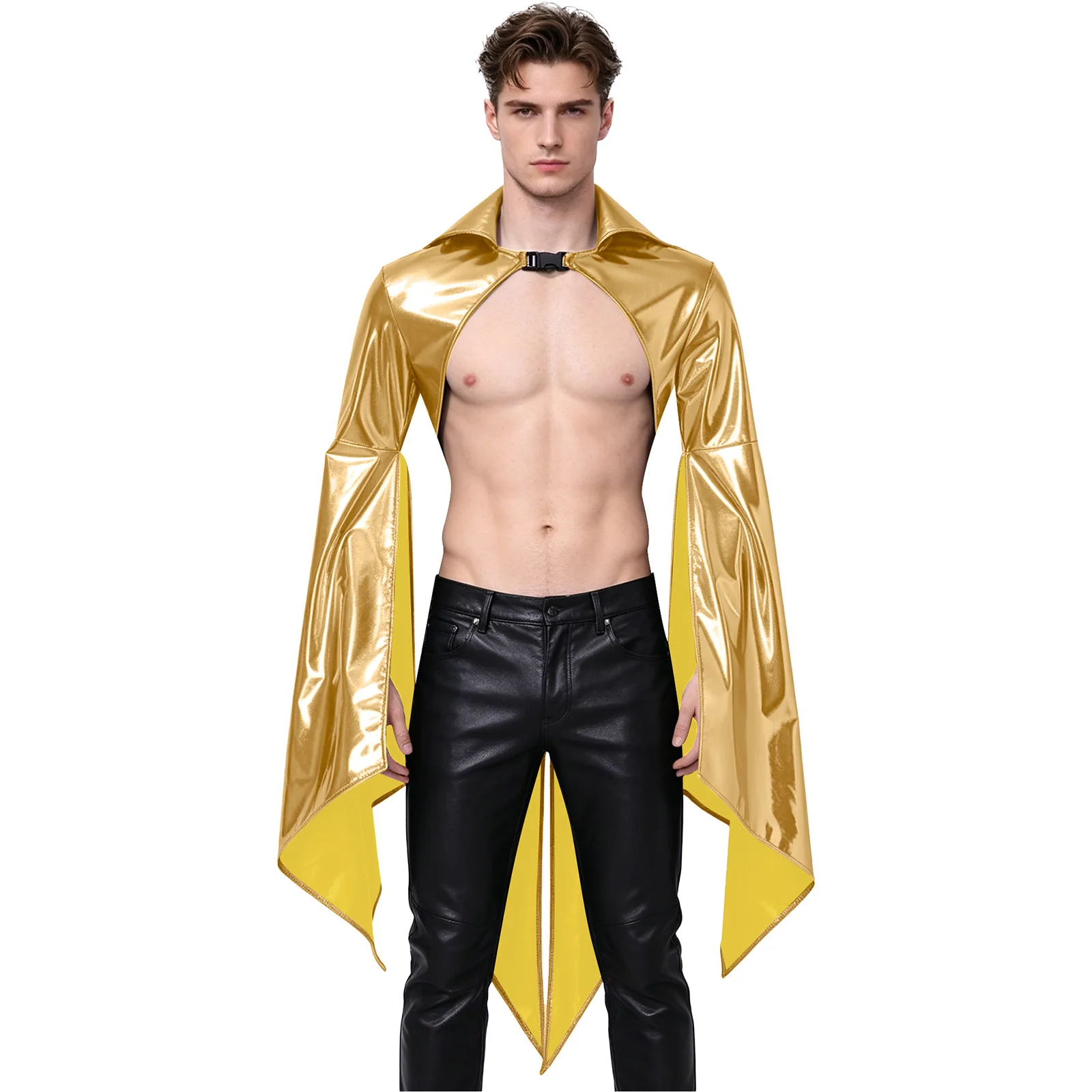

Mens Gothic Punk Tailcoat Metallic Shiny Cloak Jacket Tops Cosplay Costume Stand Collar Flared Cuffs Front Buckle Outerwear