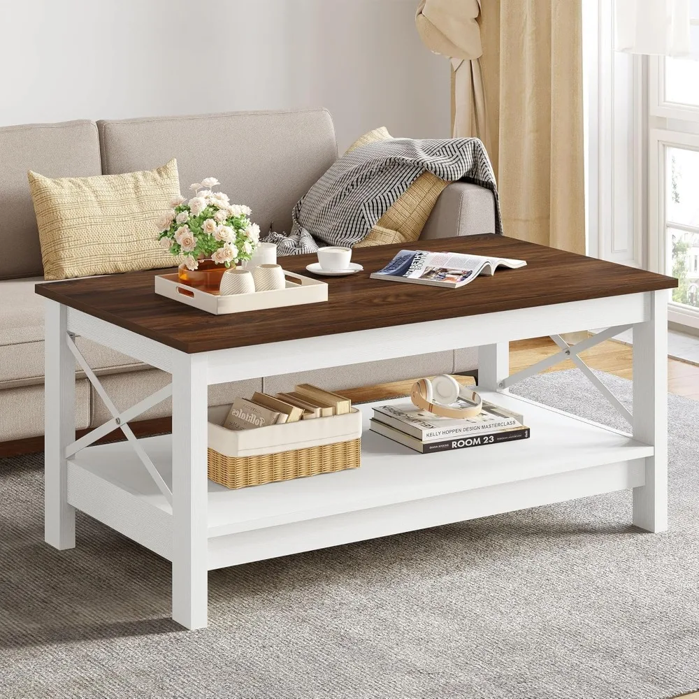 

Coffee Table for Living Room,Modern Farmhouse Coffee Table with Storage,2-Tier Center Table for Living Room Wood Living Room