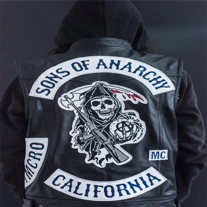 

Кожаный жилет Sons Of Anarchy с вышивкой в стиле рок-панк, карнавальный костюм, черный цвет, мотоциклетная куртка без рукавов OQ0839