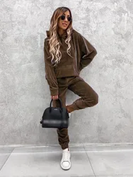 Autumn Winter Velvet Tracksuit Set Elegant Soft Pocket Pullover Top Female Loose Sweatsuit Pants Suit 2024 Two Piece Set Outfits