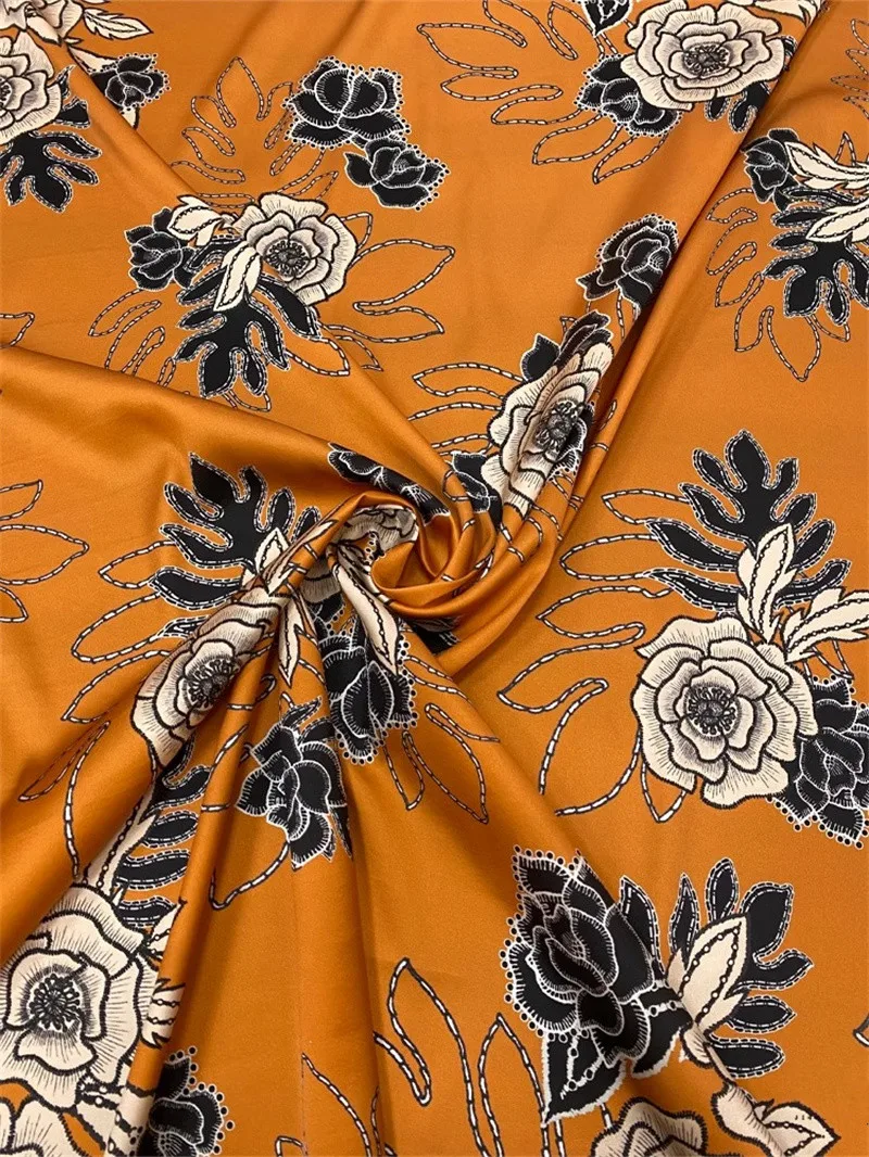 Orange Art Printing Dyeing High End Hanfu Pajamas Dress Handmade Natural Silk Fabric Fashion Luxury DIY Sewing Material By Meter