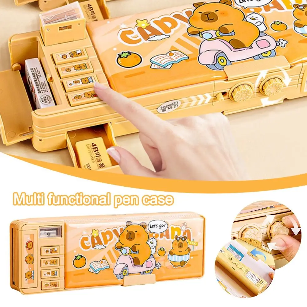 Multifunctional Capibara Pencil Case Double Layer with Password Lock Stationery Box Large Capacity Stationery Organizer Students