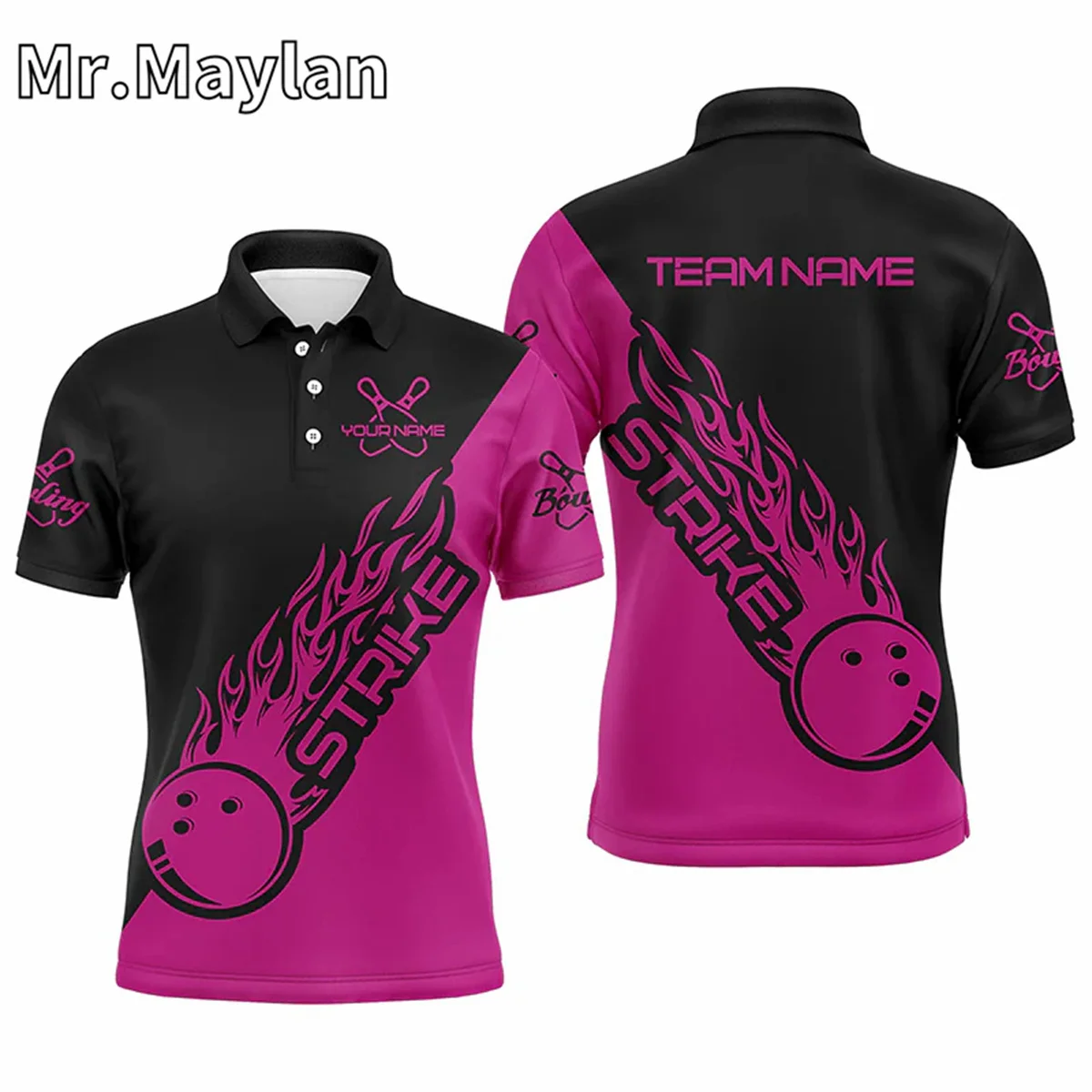 3D Custom Pink & Black Bowling Polo Shirts For Women and Men Bowling Team Shirts Bowling Strike Streetwear Unisex Tee Tops 5XL