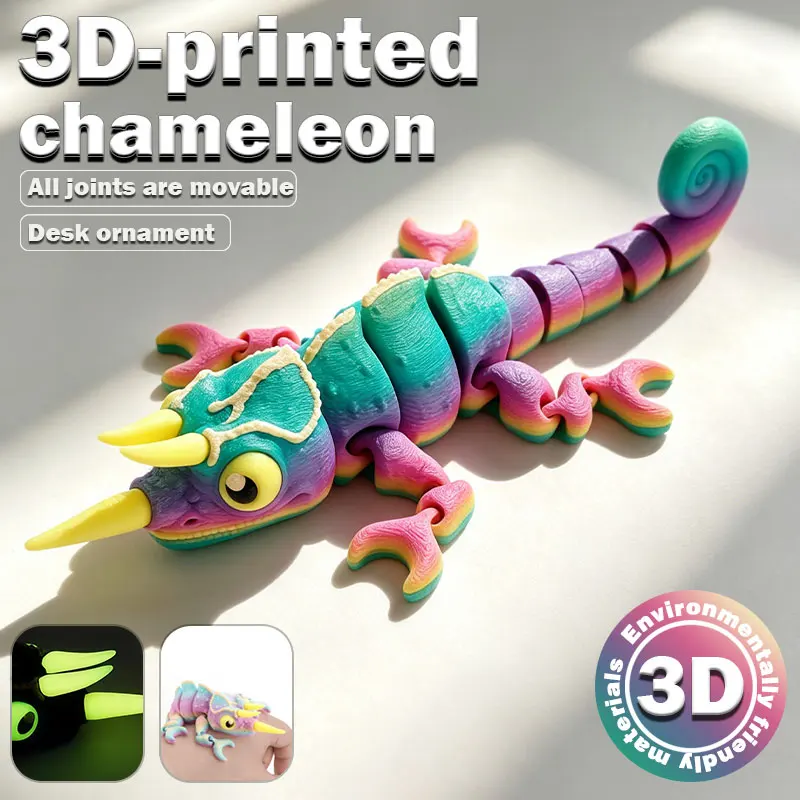 Glow in The Dark 3D Printed Chameleon Fully Articulated Fidget Animal Figurine Flexible Desk Ornament Room Decoration Gift
