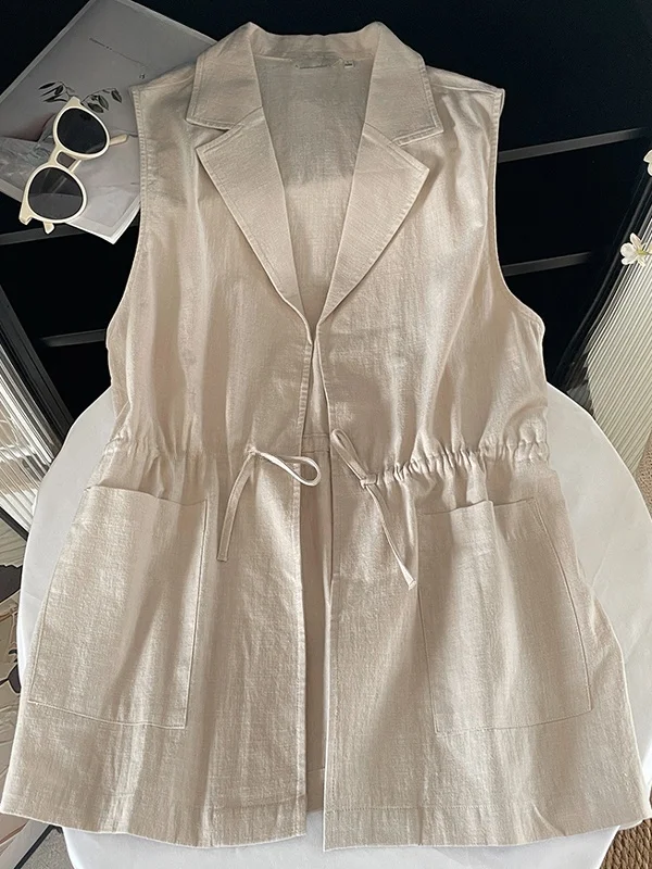 

Retro Cotton Linen Suit Vest Women's Summer High-End Sensation Layering Linen oulder Pad Vest Top Busin Casual Pure Color