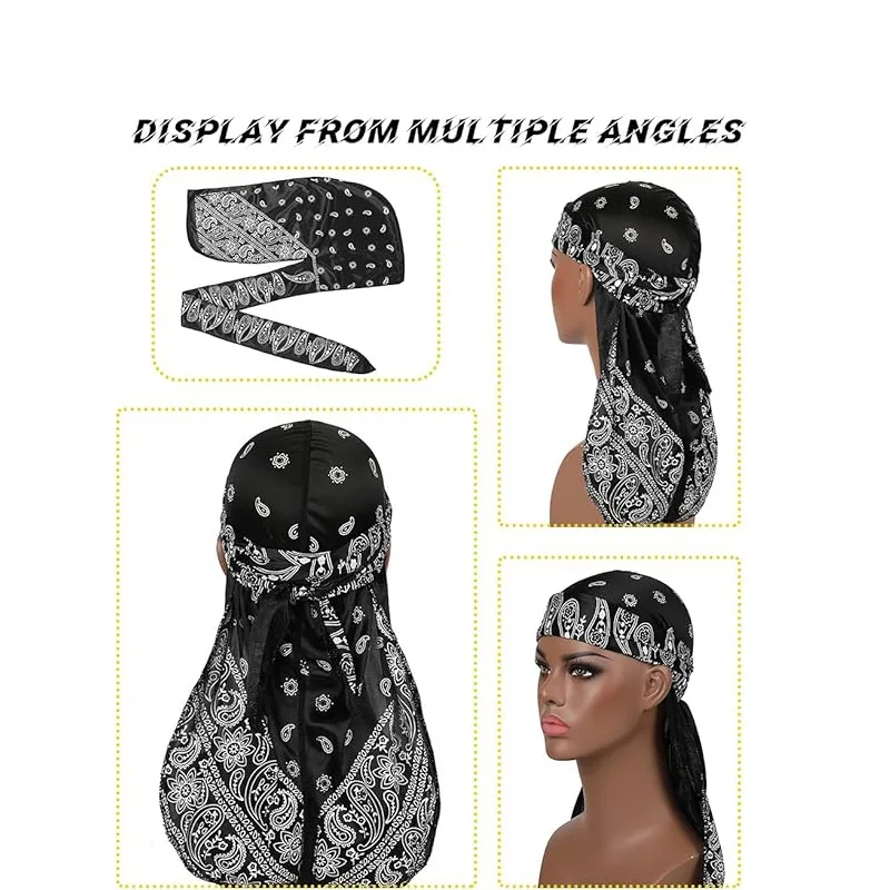 2PCS/LOT Men\'s Turban Hat Printed Wigs Durag Biker Headwrap Pirate Hats Cap For Men Hair Accessories Long Tail Straps Bandanas