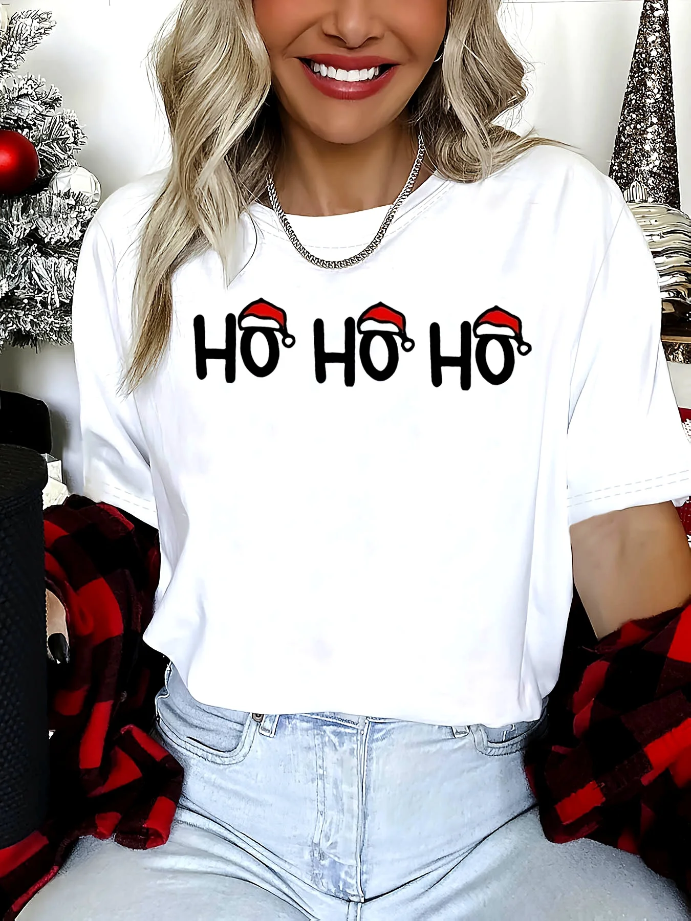 Women's Christmas HO HO HO Text Santa Hats Graphic T-Shirt Harajuku Sleeve Casual Clothing Street Tops Tees Aesthetic Clothes